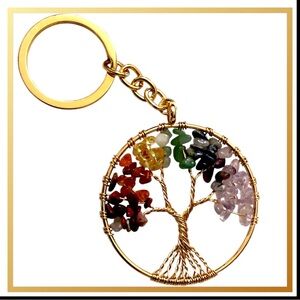 Tree of Life Rainbow Gem Keyring Goldtone hardware New